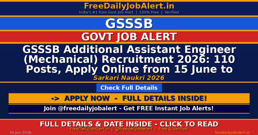 GSSSB Additional Assistant Engineer (Mechanical) Recruitment 2026: 110 Posts, Apply Online from 15 June to 29 June 2026