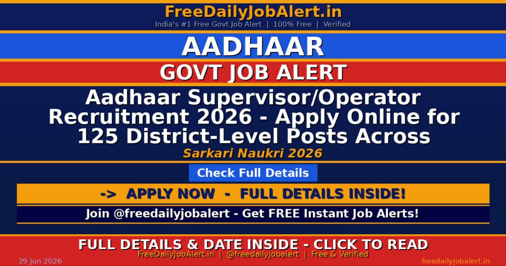 Aadhaar Supervisor/Operator Recruitment 2026 – Apply Online for 125 District-Level Posts Across Multiple States