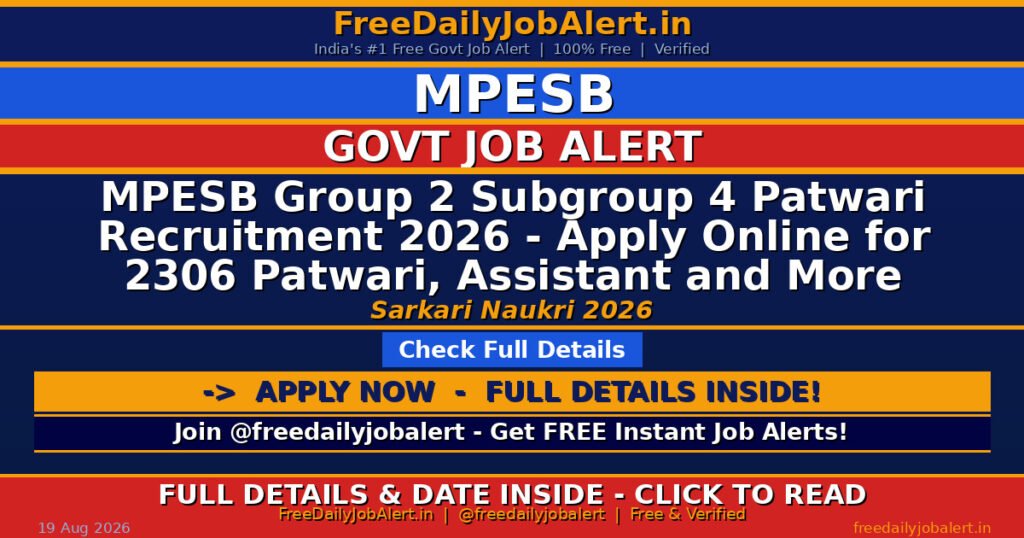 MPESB Group 2 Subgroup 4 Patwari Recruitment 2026 – Apply Online for 2306 Patwari, Assistant and More Posts