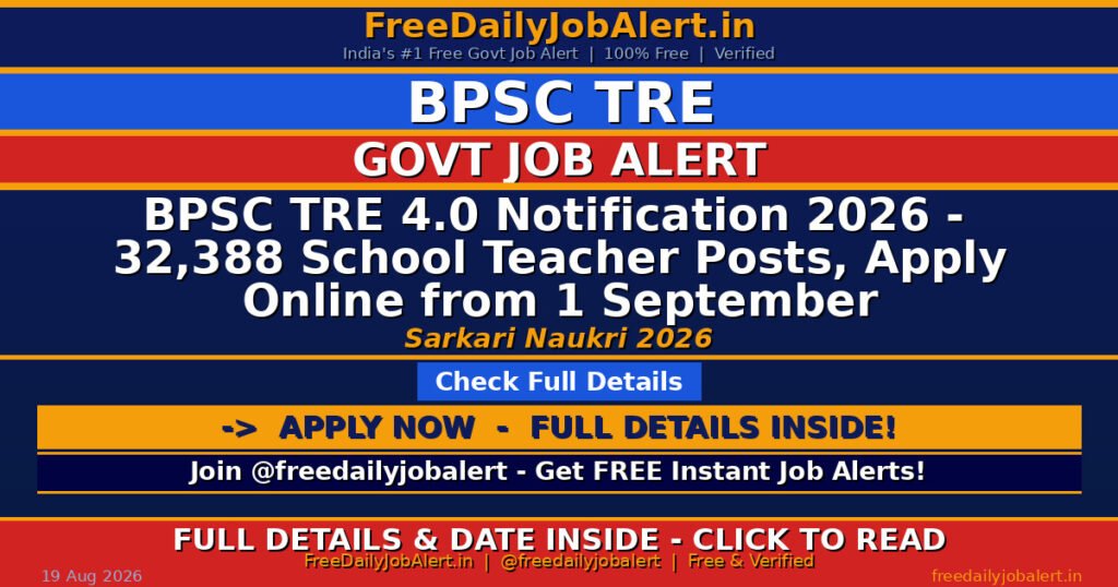BPSC TRE 4.0 Notification 2026 –  32,388 School Teacher Posts, Apply Online from 1 September