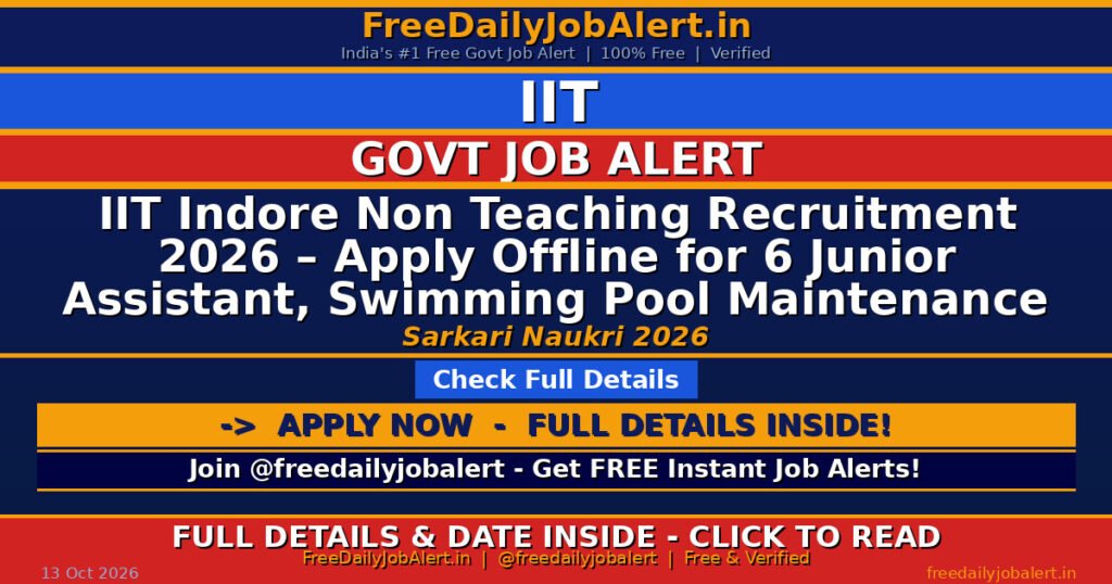 IIT Indore Non Teaching Recruitment 2026 – Apply Offline for 6 Junior Assistant, Swimming Pool Maintenance Staff Posts