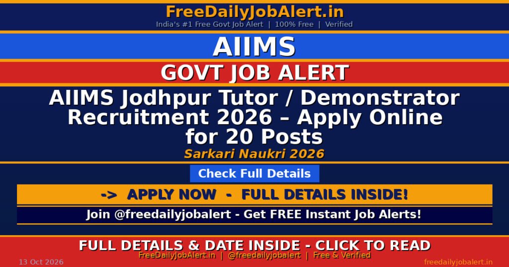 AIIMS Jodhpur Tutor / Demonstrator Recruitment 2026 – Apply Online for 20 Posts